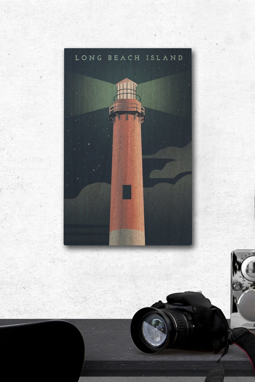 Long Beach Island, New Jersey, Beaming Lighthouse Collection, Lighthouse at Night, Wood Signs and Postcards - Lantern Press