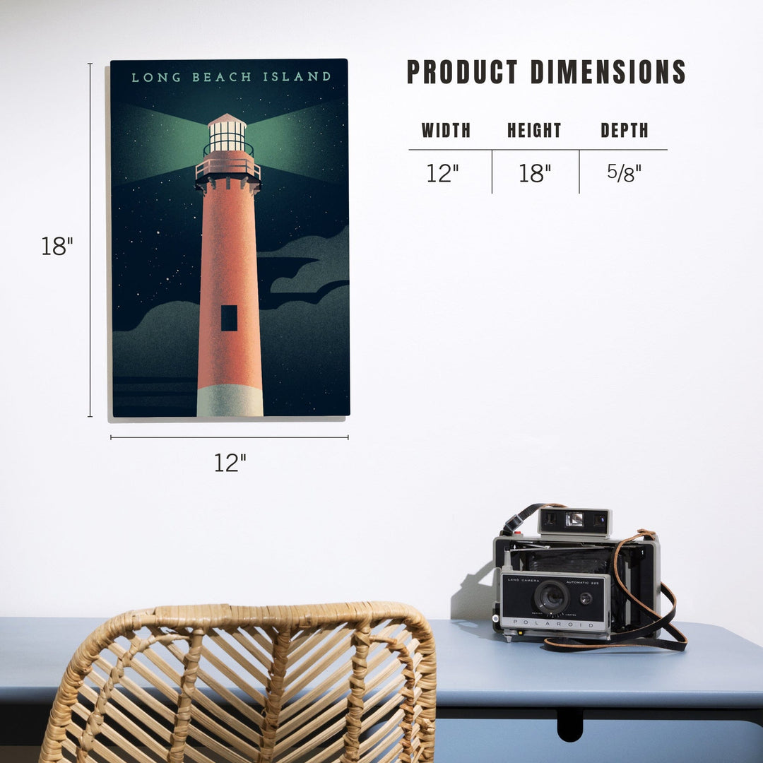 Long Beach Island, New Jersey, Beaming Lighthouse Collection, Lighthouse at Night, Wood Signs and Postcards - Lantern Press
