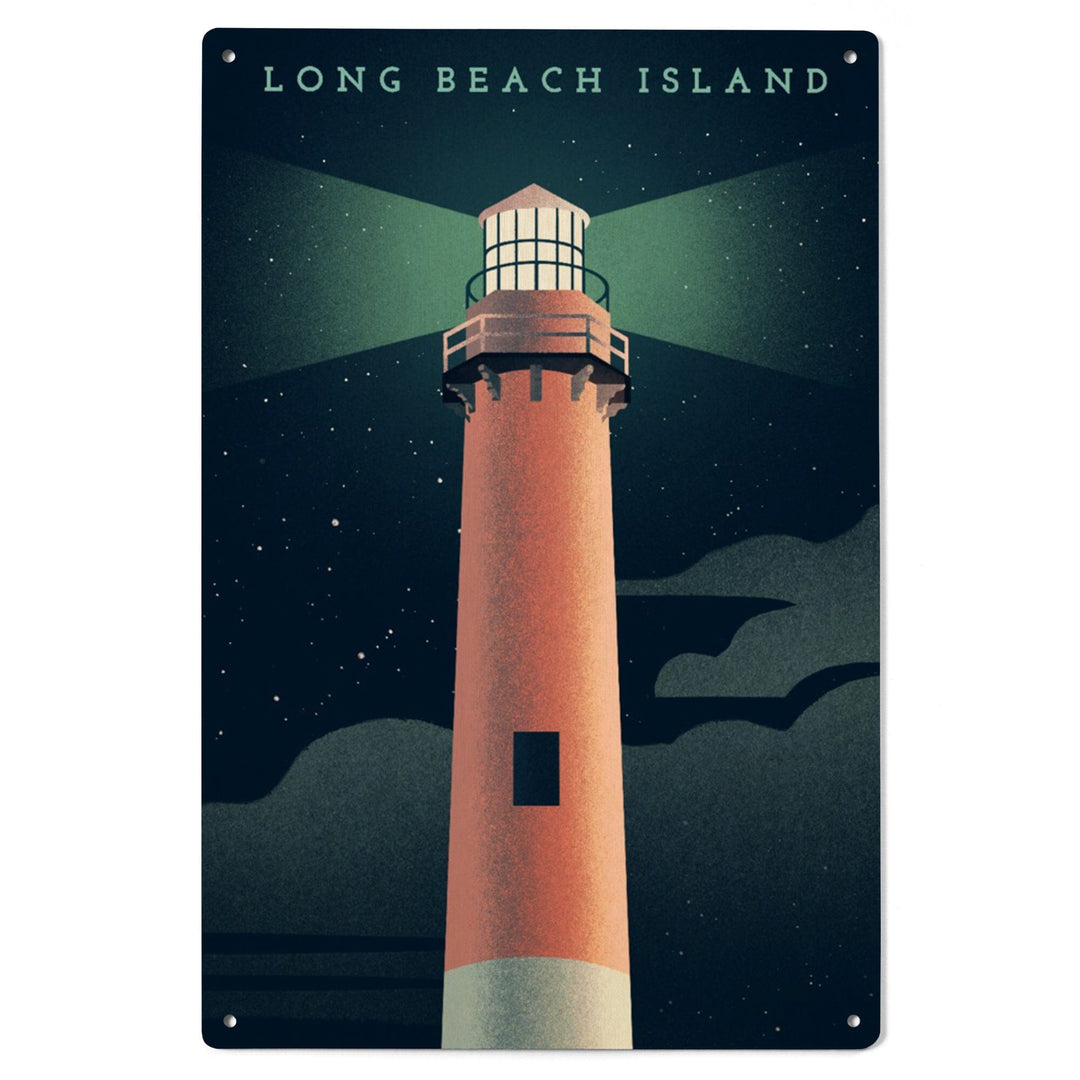 Long Beach Island, New Jersey, Beaming Lighthouse Collection, Lighthouse at Night, Wood Signs and Postcards - Lantern Press