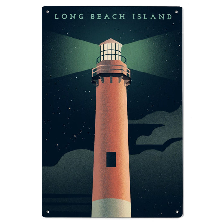 Long Beach Island, New Jersey, Beaming Lighthouse Collection, Lighthouse at Night, Wood Signs and Postcards - Lantern Press