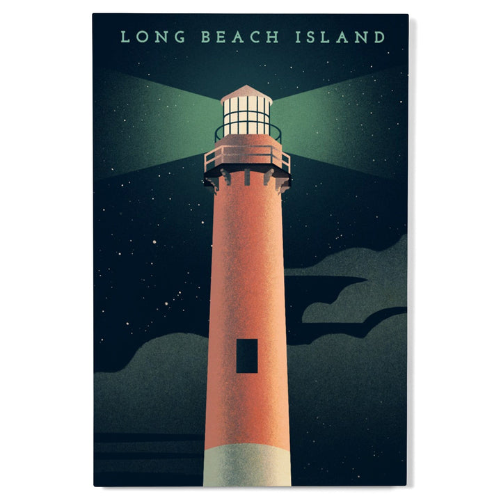 Long Beach Island, New Jersey, Beaming Lighthouse Collection, Lighthouse at Night, Wood Signs and Postcards - Lantern Press