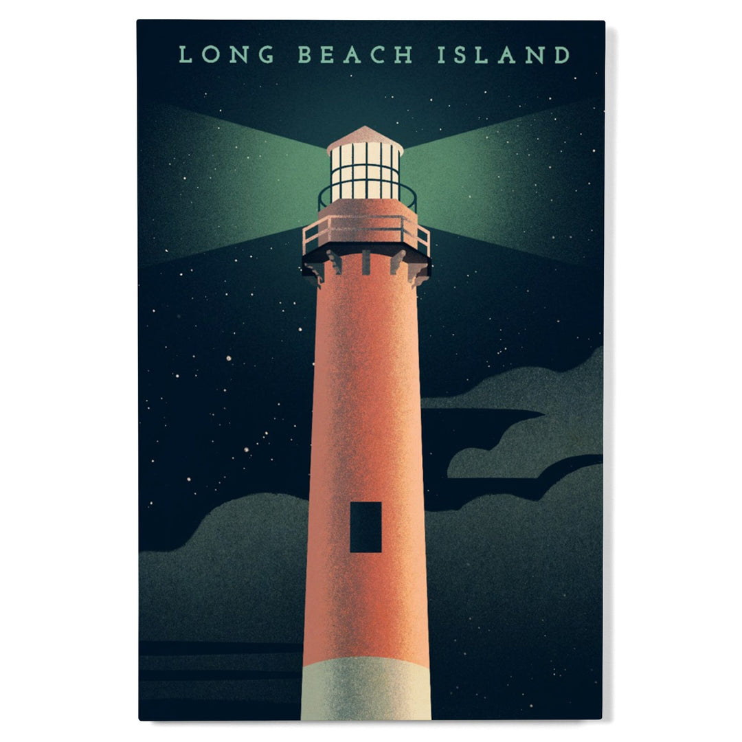 Long Beach Island, New Jersey, Beaming Lighthouse Collection, Lighthouse at Night, Wood Signs and Postcards - Lantern Press
