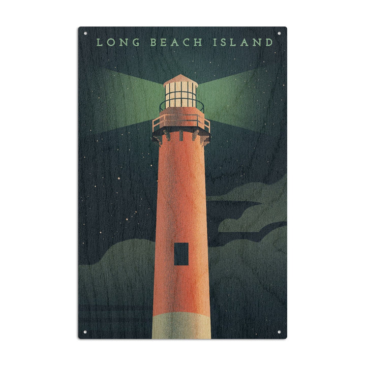 Long Beach Island, New Jersey, Beaming Lighthouse Collection, Lighthouse at Night, Wood Signs and Postcards - Lantern Press