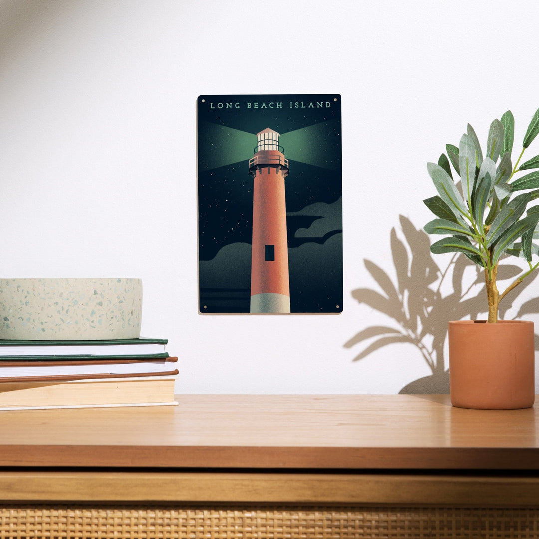 Long Beach Island, New Jersey, Beaming Lighthouse Collection, Lighthouse at Night, Wood Signs and Postcards - Lantern Press