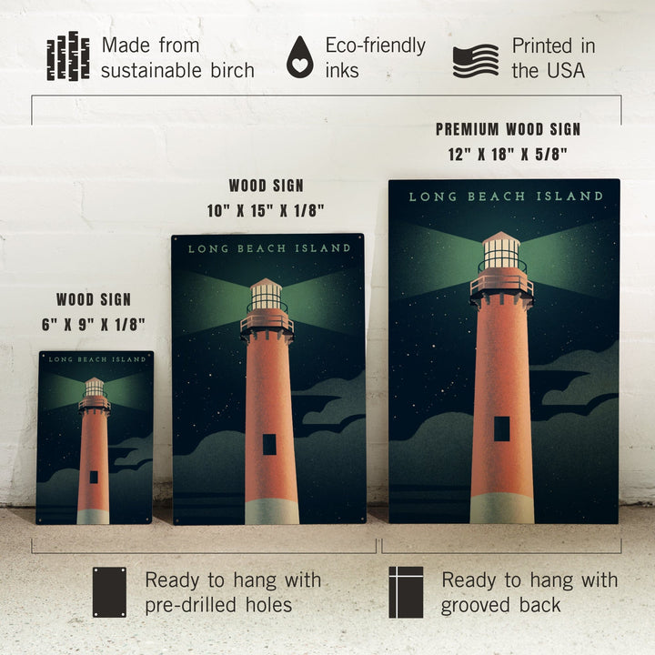Long Beach Island, New Jersey, Beaming Lighthouse Collection, Lighthouse at Night, Wood Signs and Postcards - Lantern Press