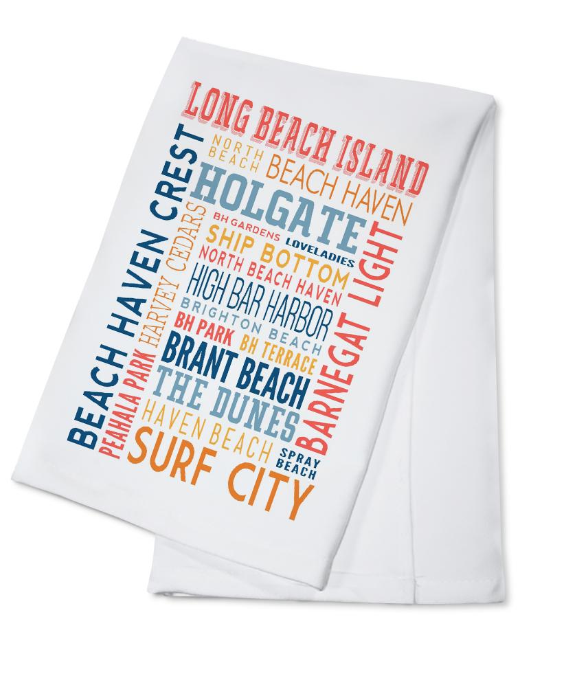 Long Beach Island, New Jersey, Typography (white), Organic Cotton Kitchen Tea Towels - Lantern Press
