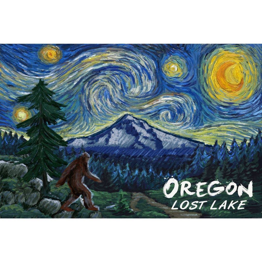 Lost Lake, Oregon, Bigfoot, Mt Hood, Starry Night, Organic Cotton Kitchen Tea Towels - Lantern Press