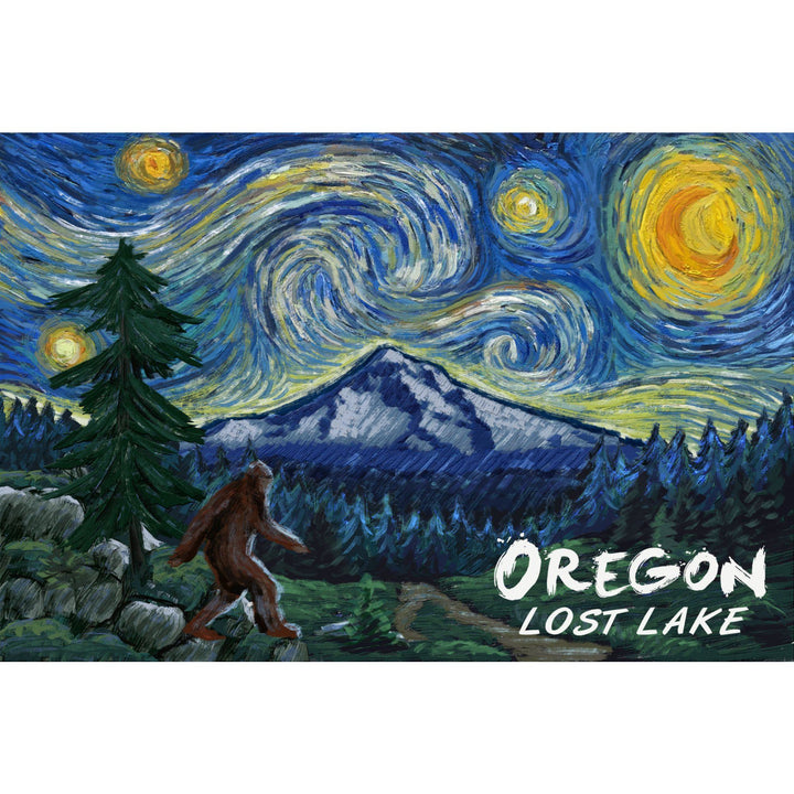 Lost Lake, Oregon, Bigfoot, Mt Hood, Starry Night, Organic Cotton Kitchen Tea Towels - Lantern Press
