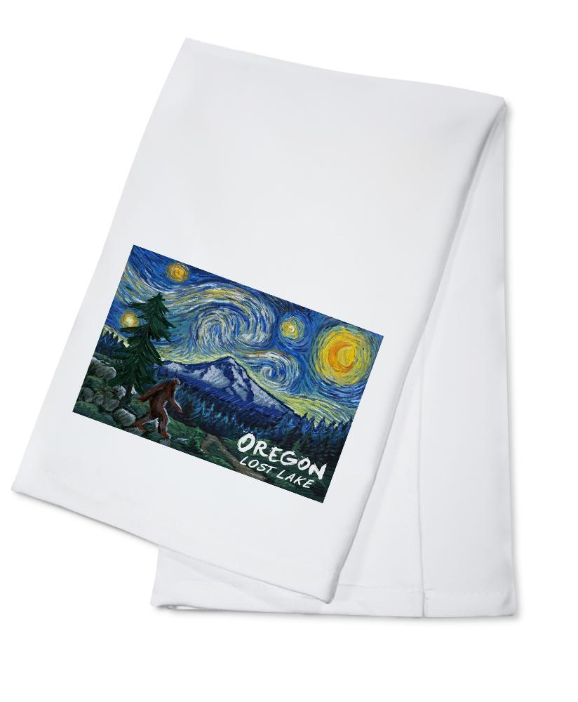 Lost Lake, Oregon, Bigfoot, Mt Hood, Starry Night, Organic Cotton Kitchen Tea Towels - Lantern Press