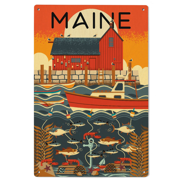 Maine, Nautical Geometric, Lantern Press Artwork, Wood Signs and Postcards - Lantern Press