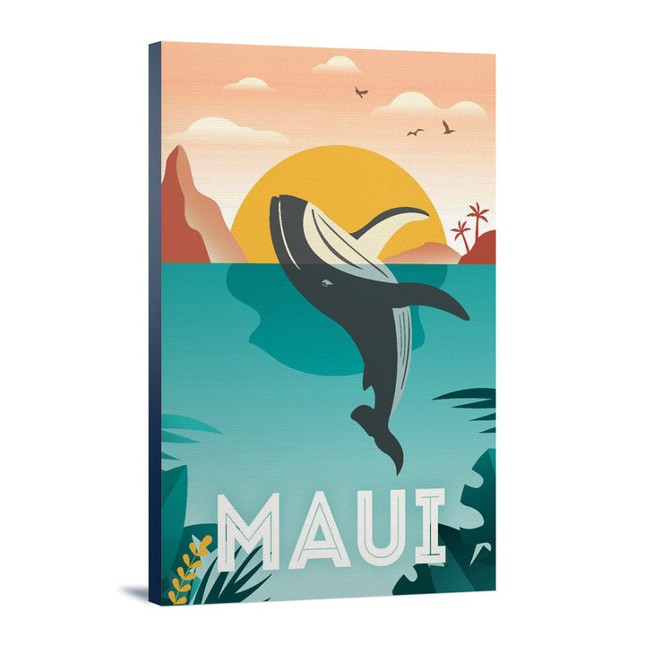 Maui, Hawaii, Whale & Tropical Sunset, Vector, Lantern Press Artwork, Stretched Canvas - Lantern Press