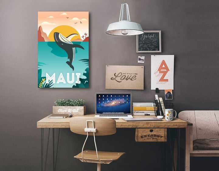Maui, Hawaii, Whale & Tropical Sunset, Vector, Lantern Press Artwork, Stretched Canvas - Lantern Press