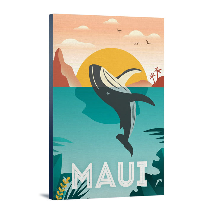 Maui, Hawaii, Whale & Tropical Sunset, Vector, Lantern Press Artwork, Stretched Canvas - Lantern Press