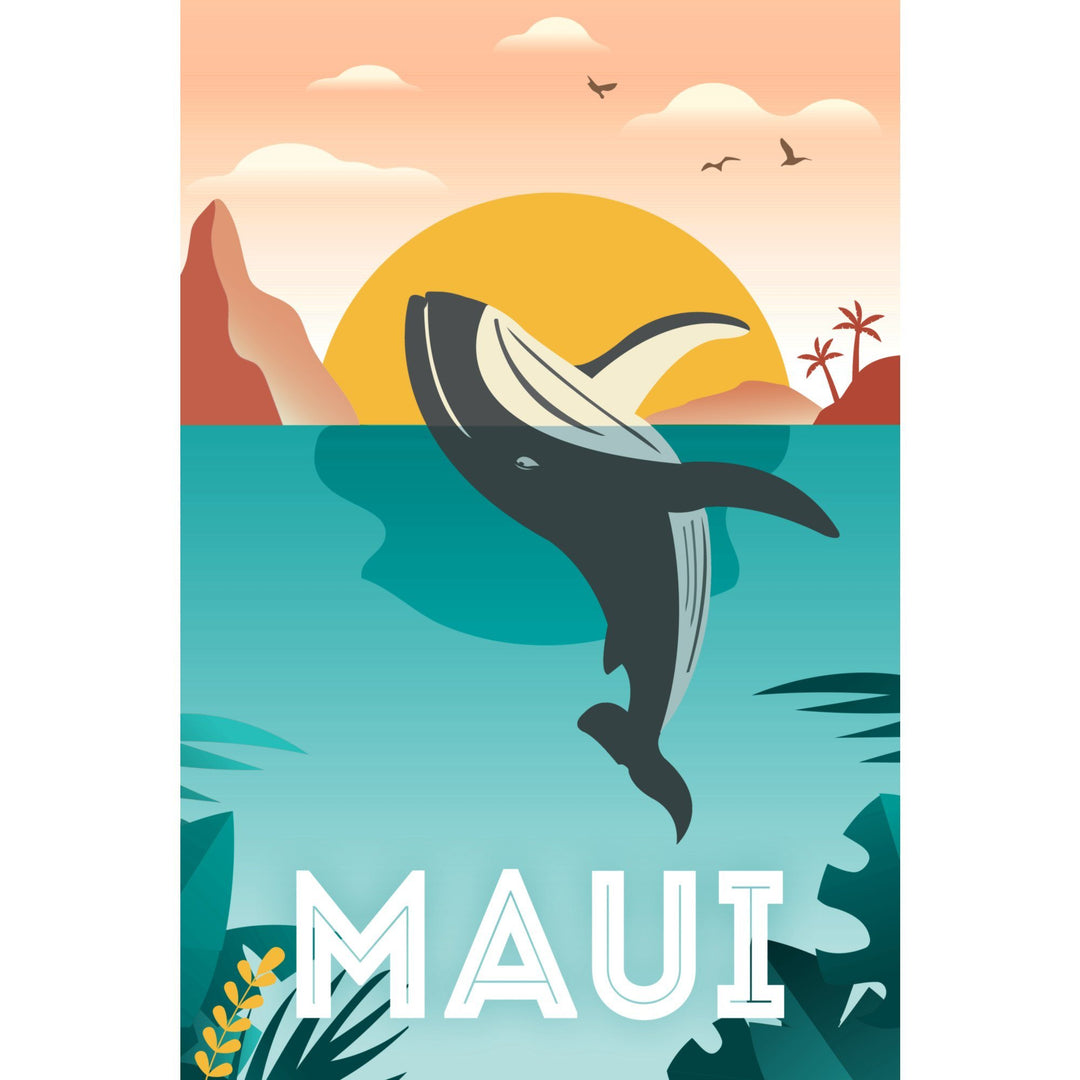 Maui, Hawaii, Whale & Tropical Sunset, Vector, Lantern Press Artwork, Stretched Canvas - Lantern Press