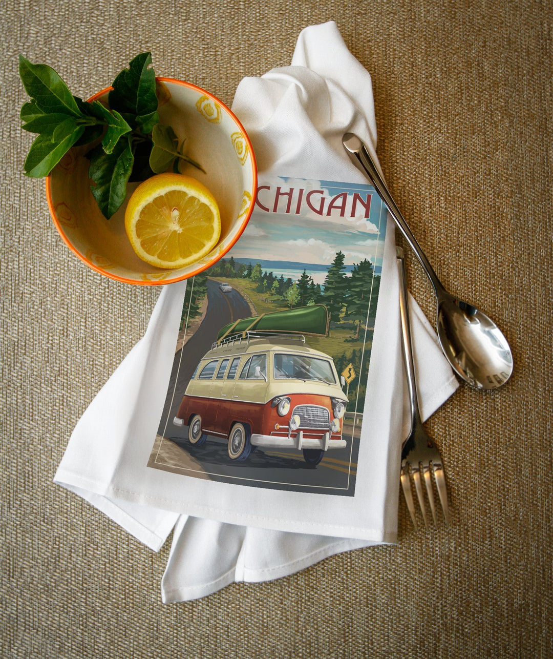 Michigan, Camper Van, Organic Cotton Kitchen Tea Towels - Lantern Press