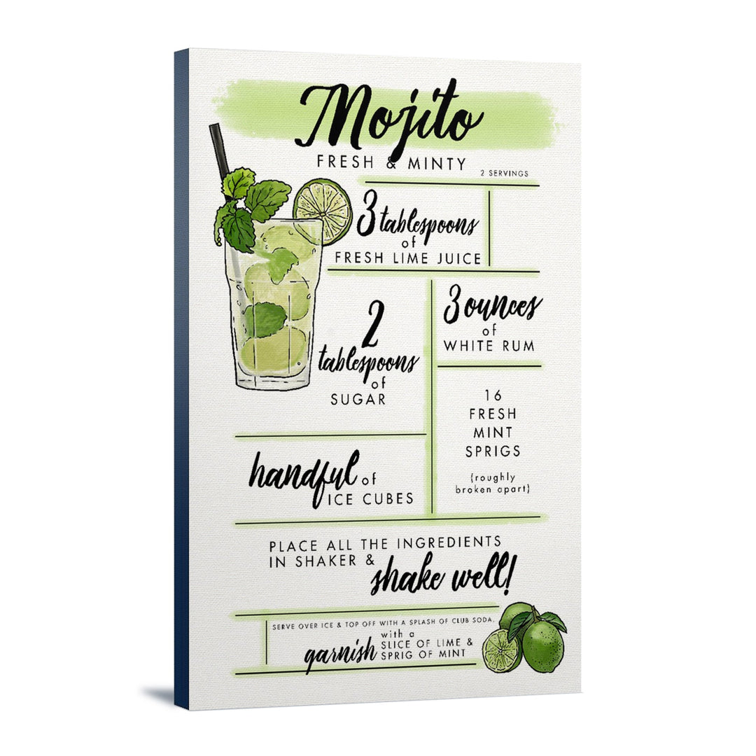 Mojito, Cocktail Recipe, Lantern Press Artwork, Stretched Canvas Canvas Lantern Press 16x24 Stretched Canvas