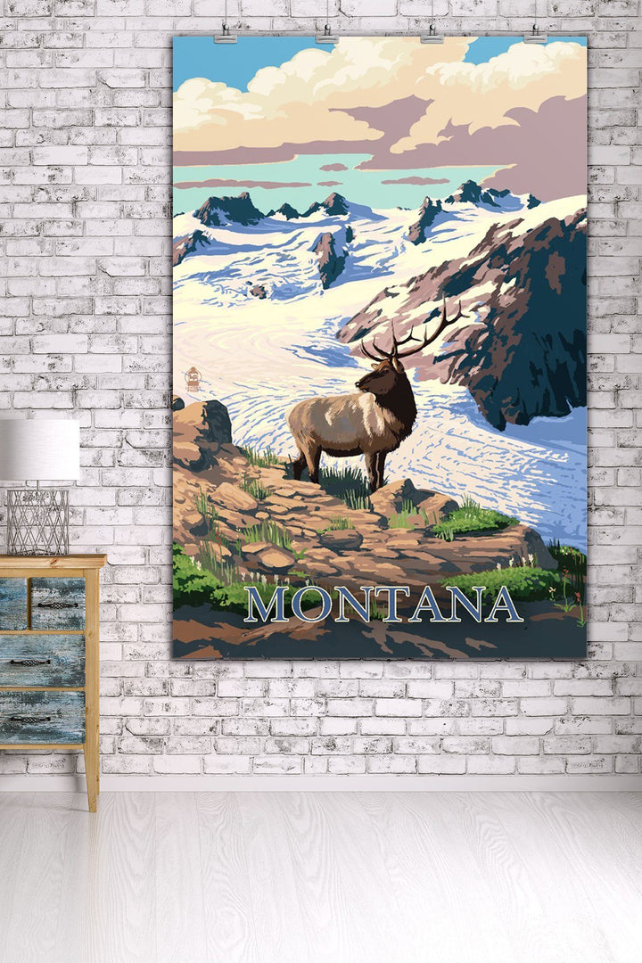 Montana, Elk & Snowy Mountain, Lantern Press Artwork, Art Prints and Metal Signs Art Lantern Press