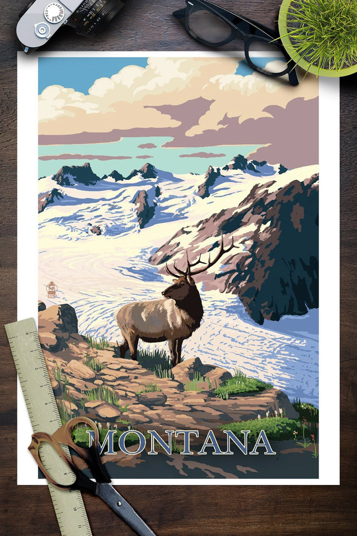 Montana, Elk & Snowy Mountain, Lantern Press Artwork, Art Prints and Metal Signs Art Lantern Press