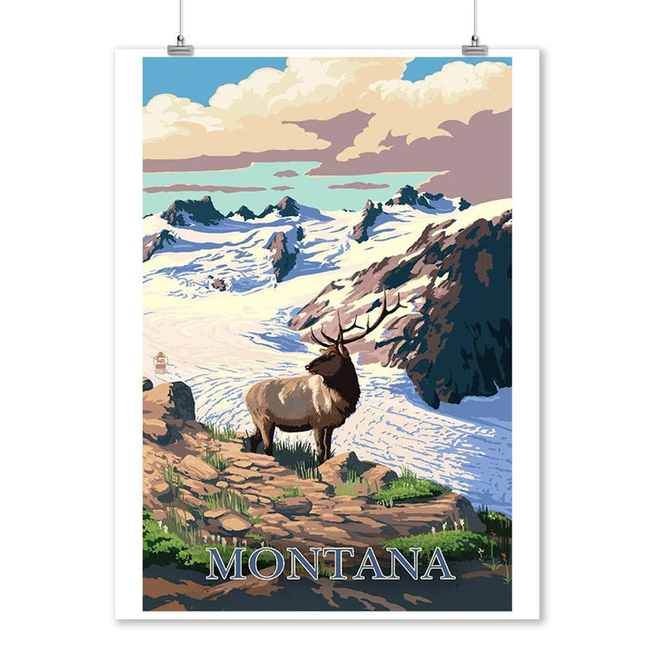 Montana, Elk & Snowy Mountain, Lantern Press Artwork, Art Prints and Metal Signs Art Lantern Press