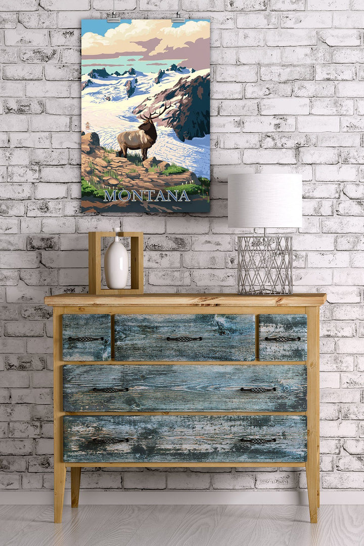 Montana, Elk & Snowy Mountain, Lantern Press Artwork, Art Prints and Metal Signs Art Lantern Press