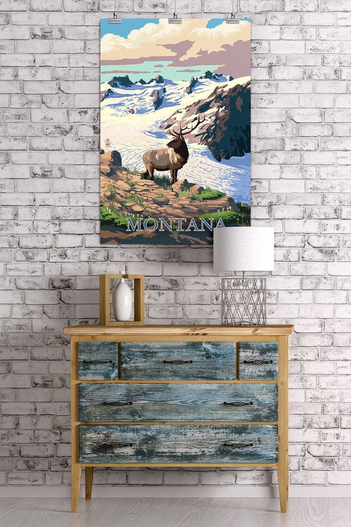 Montana, Elk & Snowy Mountain, Lantern Press Artwork, Art Prints and Metal Signs Art Lantern Press
