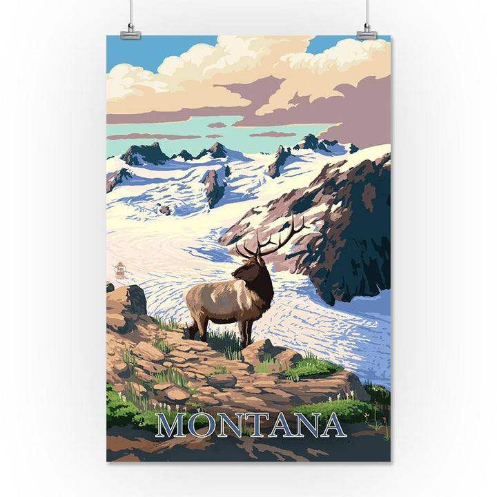Montana, Elk & Snowy Mountain, Lantern Press Artwork, Art Prints and Metal Signs Art Lantern Press