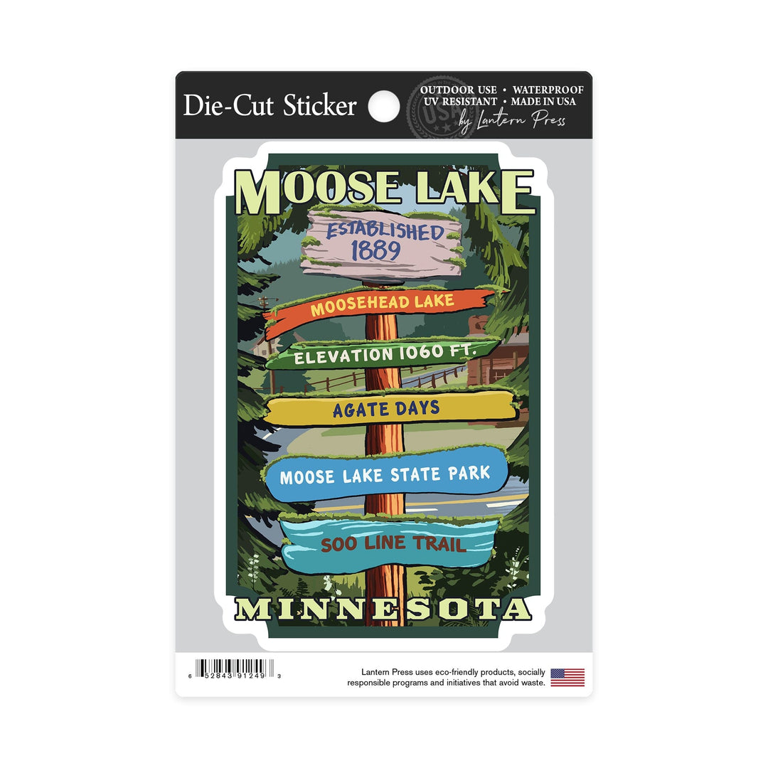 Moose Lake, Minnesota, Destination Signpost, Contour Sticker Lantern Press