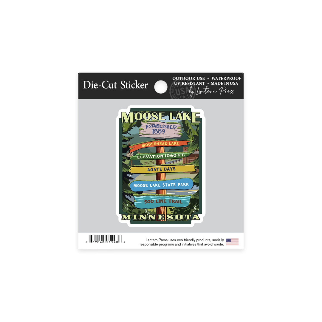 Moose Lake, Minnesota, Destination Signpost, Contour Sticker Lantern Press