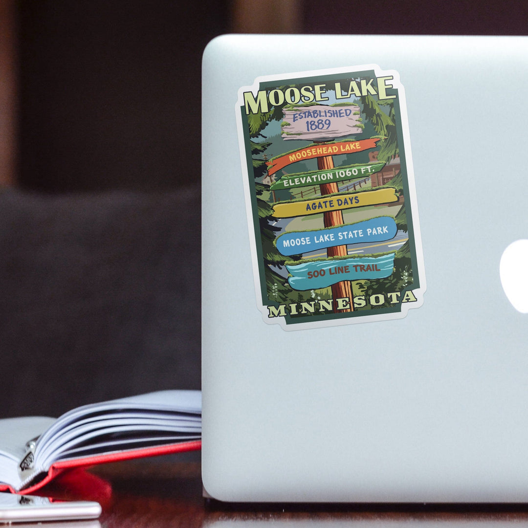 Moose Lake, Minnesota, Destination Signpost, Contour Sticker Lantern Press