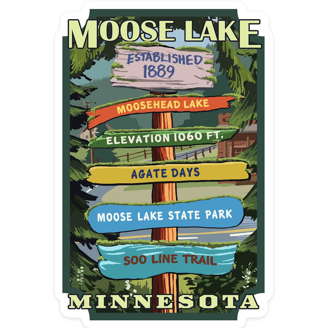 Moose Lake, Minnesota, Destination Signpost, Contour Sticker Lantern Press