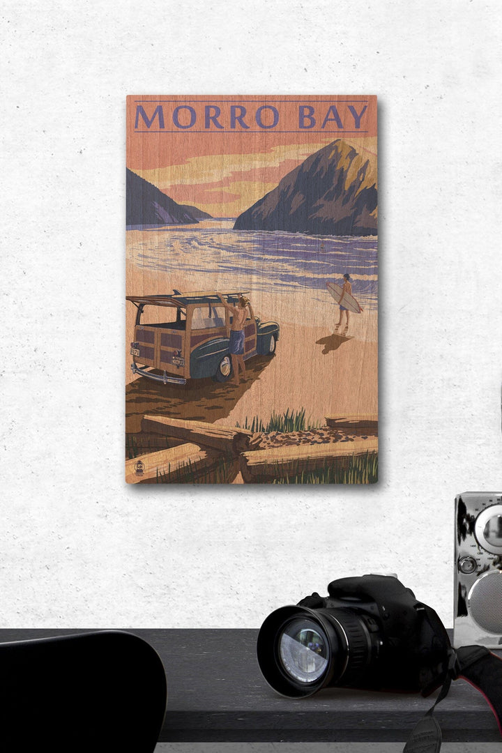 Morro Bay, California, Woody on Beach with Surfer, Lantern Press Artwork, Wood Signs and Postcards Wood Lantern Press 12 x 18 Wood Gallery Print