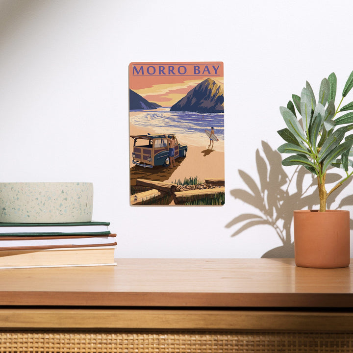 Morro Bay, California, Woody on Beach with Surfer, Lantern Press Artwork, Wood Signs and Postcards Wood Lantern Press