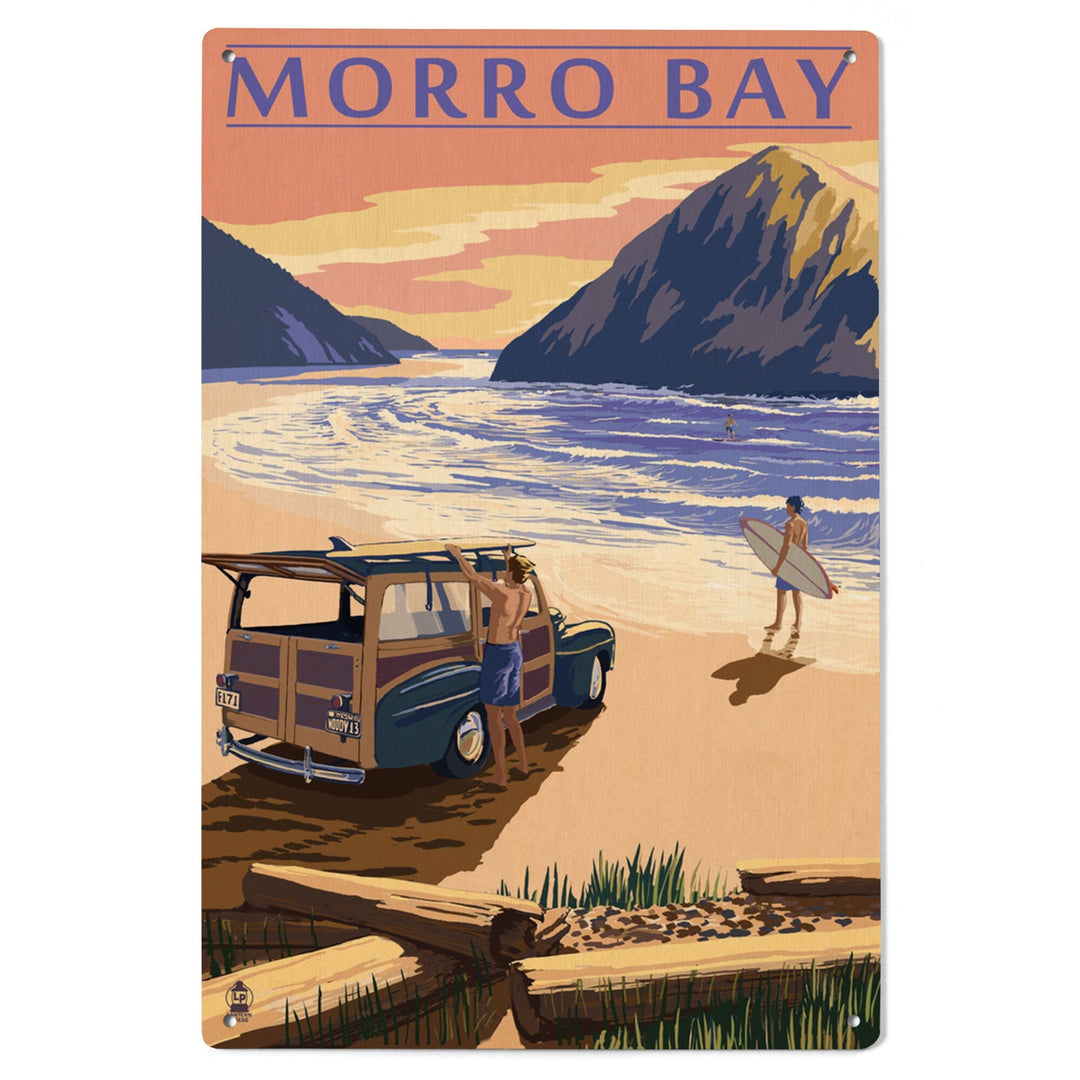 Morro Bay, California, Woody on Beach with Surfer, Lantern Press Artwork, Wood Signs and Postcards Wood Lantern Press