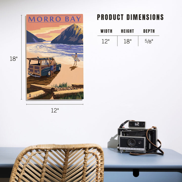Morro Bay, California, Woody on Beach with Surfer, Lantern Press Artwork, Wood Signs and Postcards Wood Lantern Press