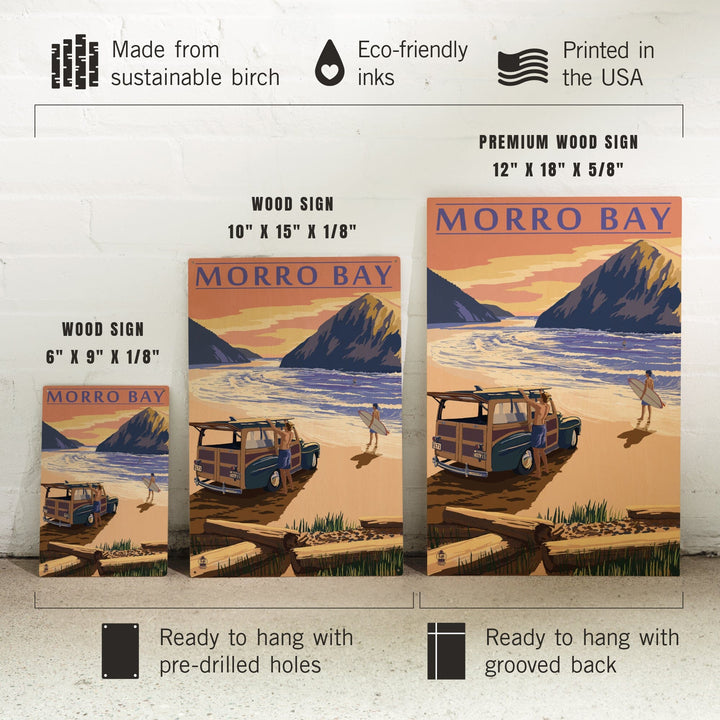 Morro Bay, California, Woody on Beach with Surfer, Lantern Press Artwork, Wood Signs and Postcards Wood Lantern Press