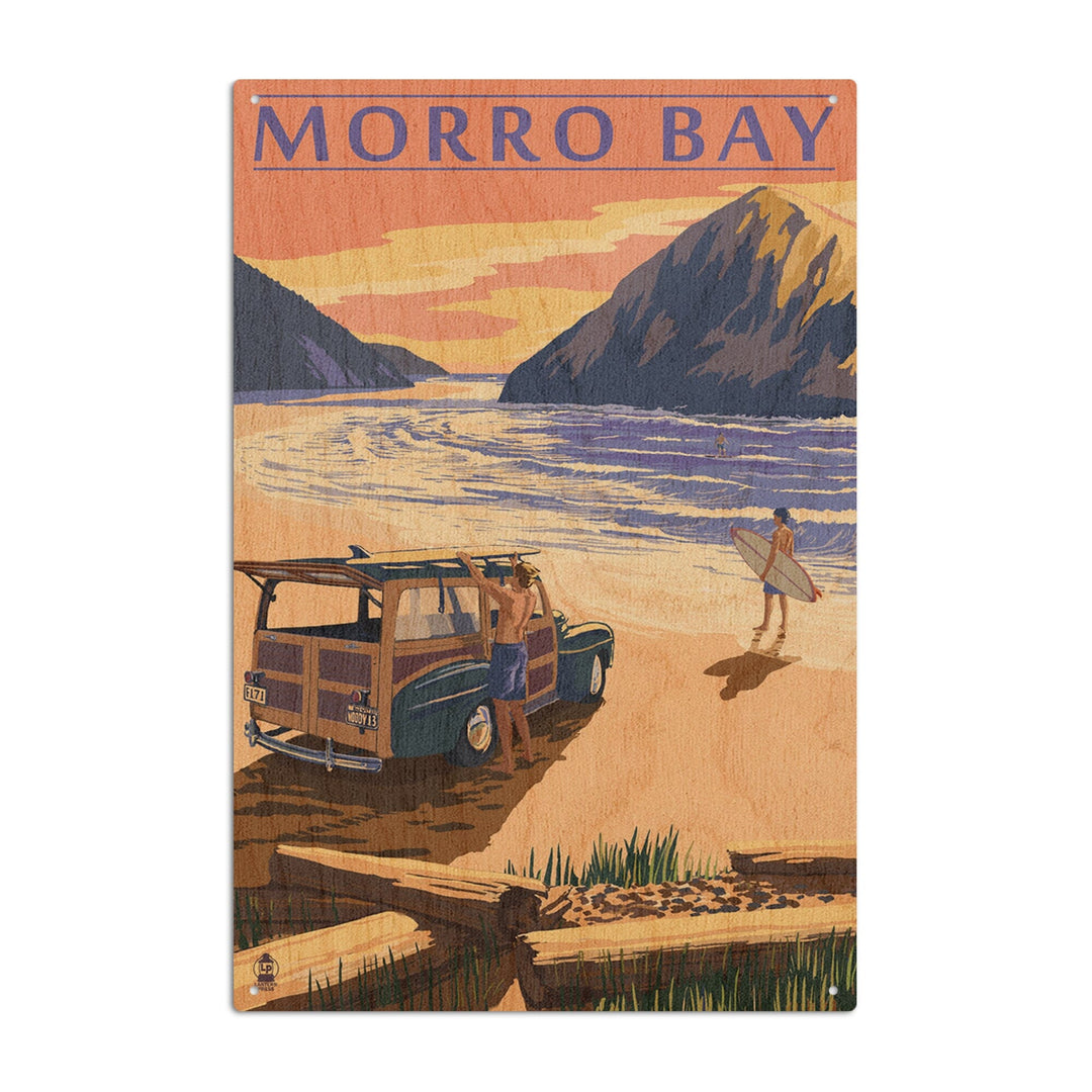 Morro Bay, California, Woody on Beach with Surfer, Lantern Press Artwork, Wood Signs and Postcards Wood Lantern Press 6x9 Wood Sign