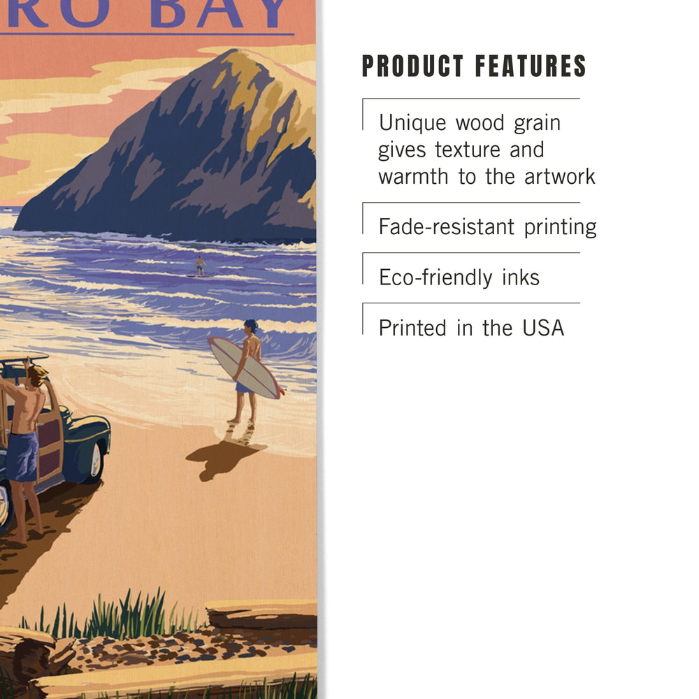 Morro Bay, California, Woody on Beach with Surfer, Lantern Press Artwork, Wood Signs and Postcards Wood Lantern Press