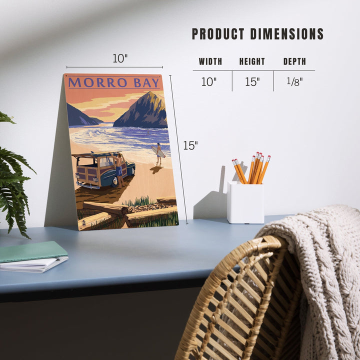 Morro Bay, California, Woody on Beach with Surfer, Lantern Press Artwork, Wood Signs and Postcards Wood Lantern Press
