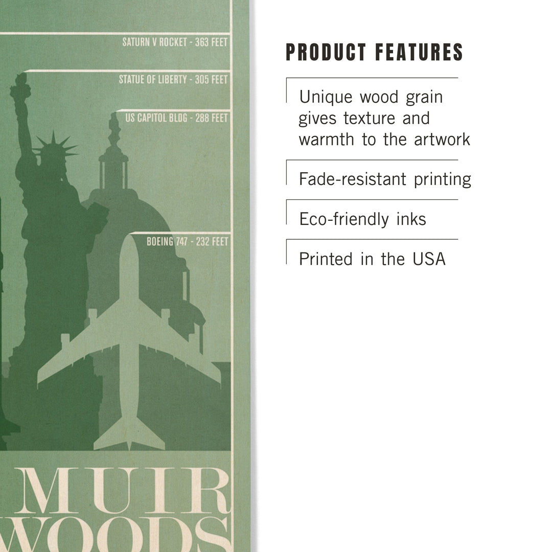 Muir Woods National Monument, California, Relative Sizes of the Redwood Tree, Wood Signs and Postcards Wood Lantern Press