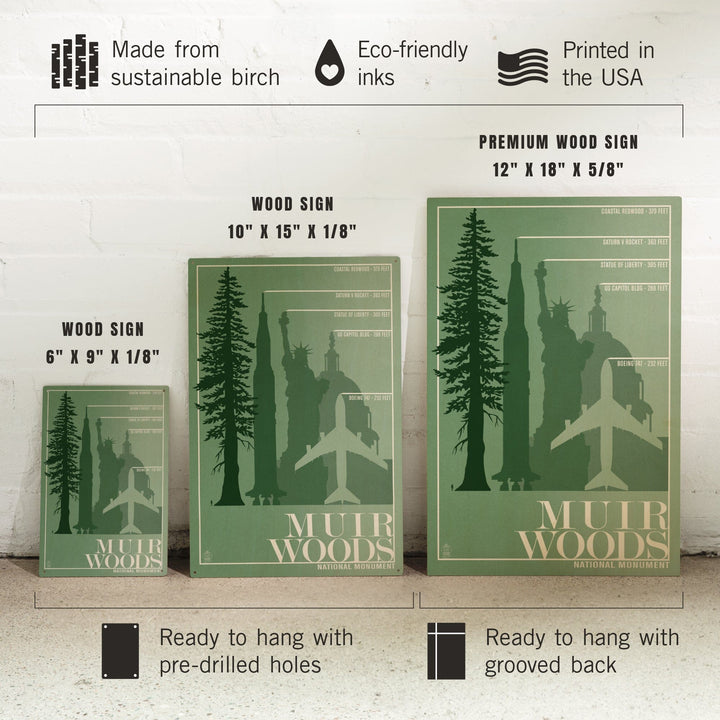 Muir Woods National Monument, California, Relative Sizes of the Redwood Tree, Wood Signs and Postcards Wood Lantern Press