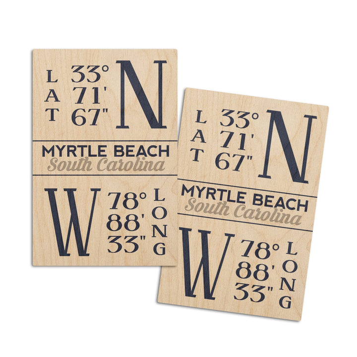Myrtle Beach, South Carolina, Latitude & Longitude (Blue), Lantern Press Artwork, Wood Signs and Postcards Wood Lantern Press 4x6 Wood Postcard Set