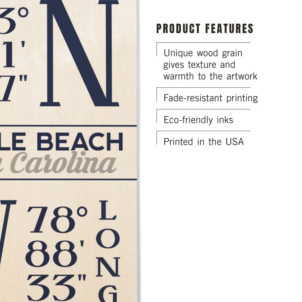 Myrtle Beach, South Carolina, Latitude & Longitude (Blue), Lantern Press Artwork, Wood Signs and Postcards Wood Lantern Press