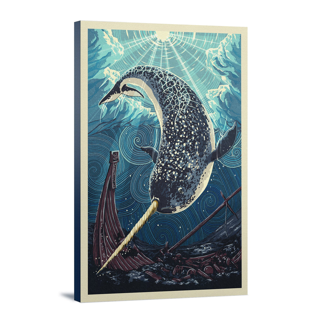 Narwhal, Letterpress, Lantern Press Artwork, Stretched Canvas Canvas Lantern Press 12x18 Stretched Canvas