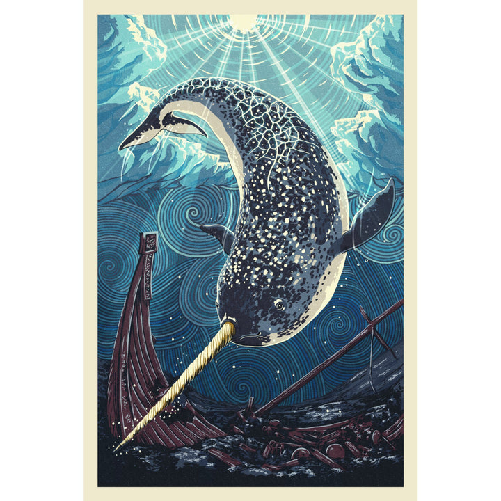 Narwhal, Letterpress, Lantern Press Artwork, Stretched Canvas Canvas Lantern Press