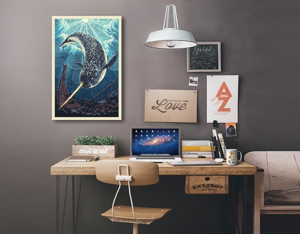 Narwhal, Letterpress, Lantern Press Artwork, Stretched Canvas Canvas Lantern Press
