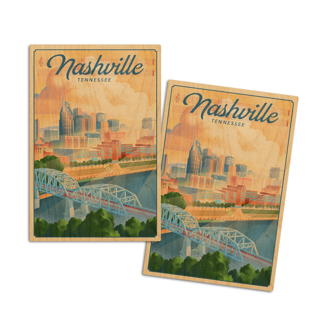 Nashville, Tennessee, Lithograph City Series, Lantern Press Artwork, Wood Signs and Postcards Wood Lantern Press 4x6 Wood Postcard Set