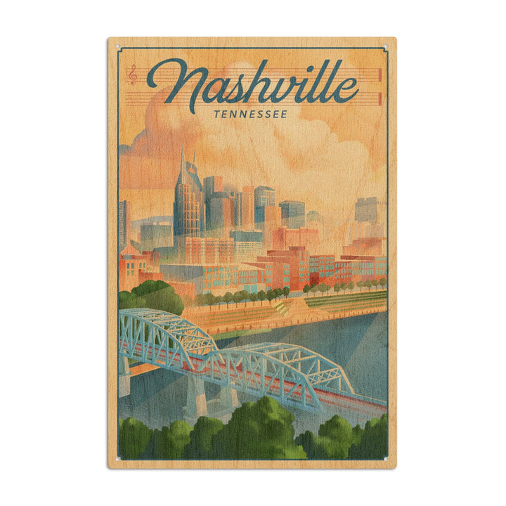 Nashville, Tennessee, Lithograph City Series, Lantern Press Artwork, Wood Signs and Postcards Wood Lantern Press 6x9 Wood Sign