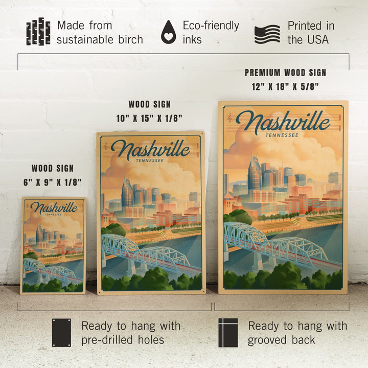 Nashville, Tennessee, Lithograph City Series, Lantern Press Artwork, Wood Signs and Postcards Wood Lantern Press