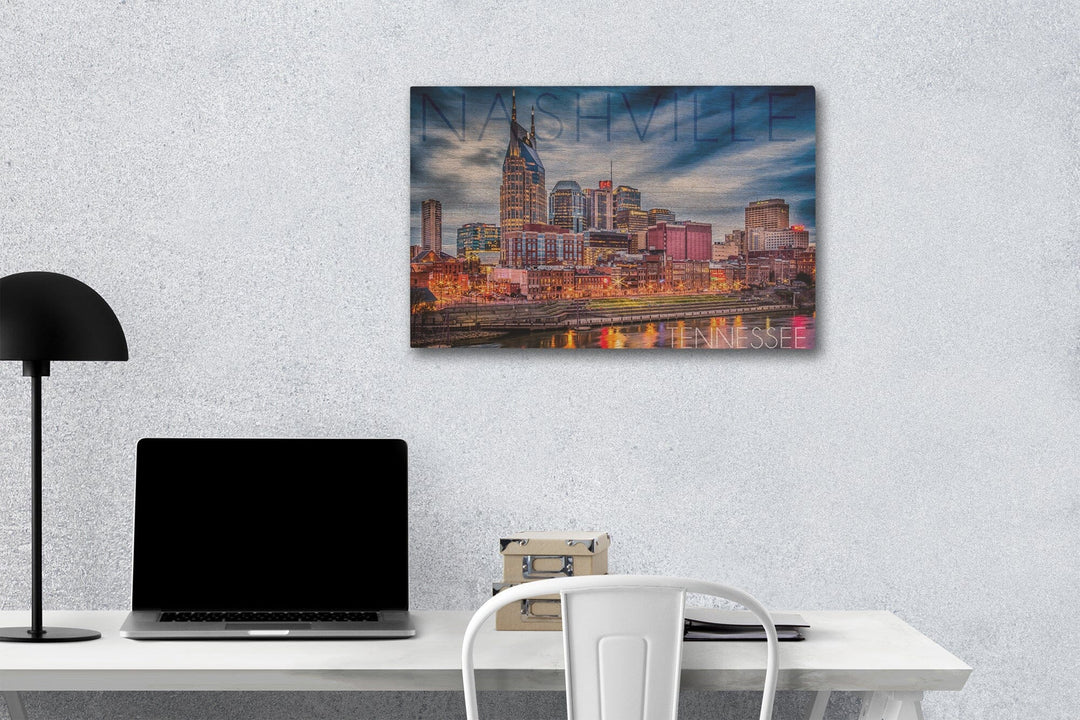 Nashville, Tennesseee, Colorful Skyline, Lantern Press Photography, Wood Signs and Postcards Wood Lantern Press 12 x 18 Wood Gallery Print