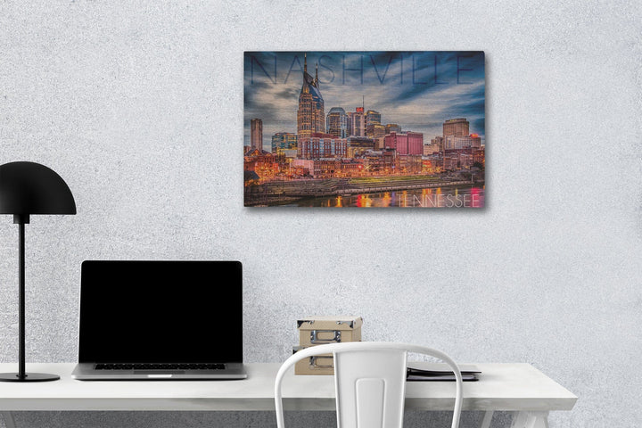 Nashville, Tennesseee, Colorful Skyline, Lantern Press Photography, Wood Signs and Postcards Wood Lantern Press 12 x 18 Wood Gallery Print